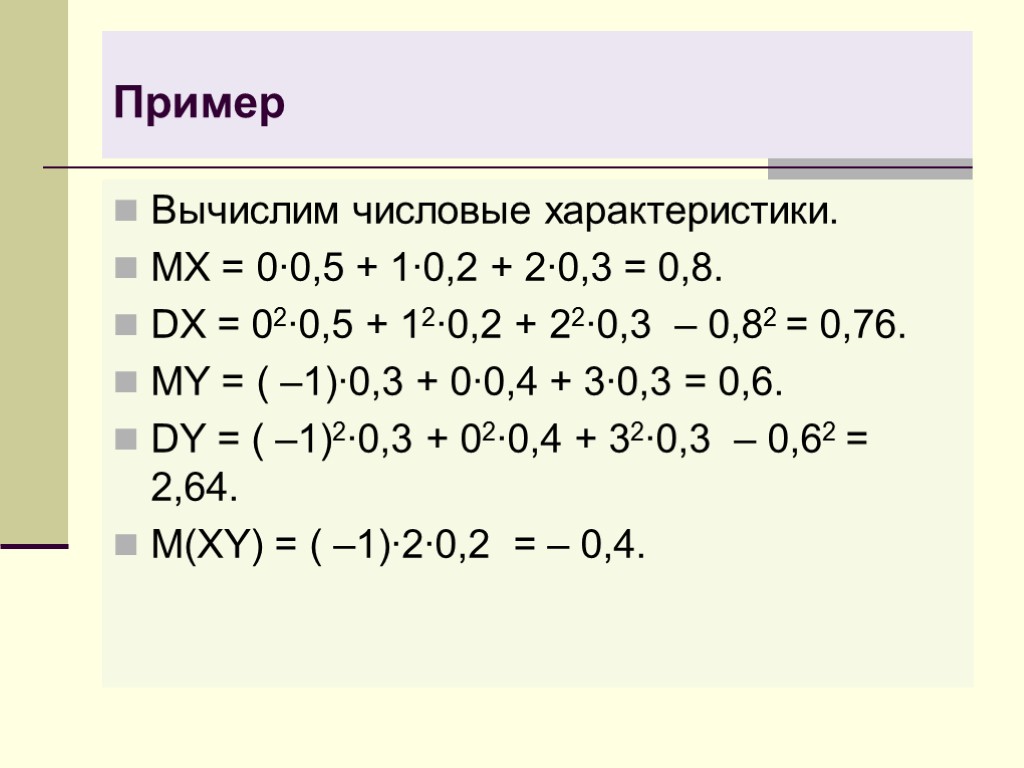 Пример Вычислим числовые характеристики. MX = 0∙0,5 + 1∙0,2 + 2∙0,3 = 0,8. DX